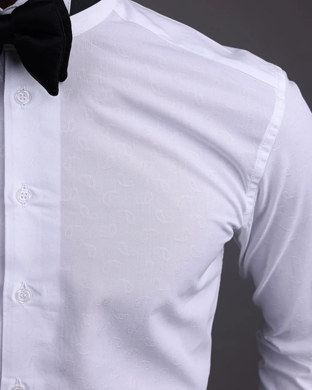 A White, Paisley Print Wing Collar Tuxedo Shirt