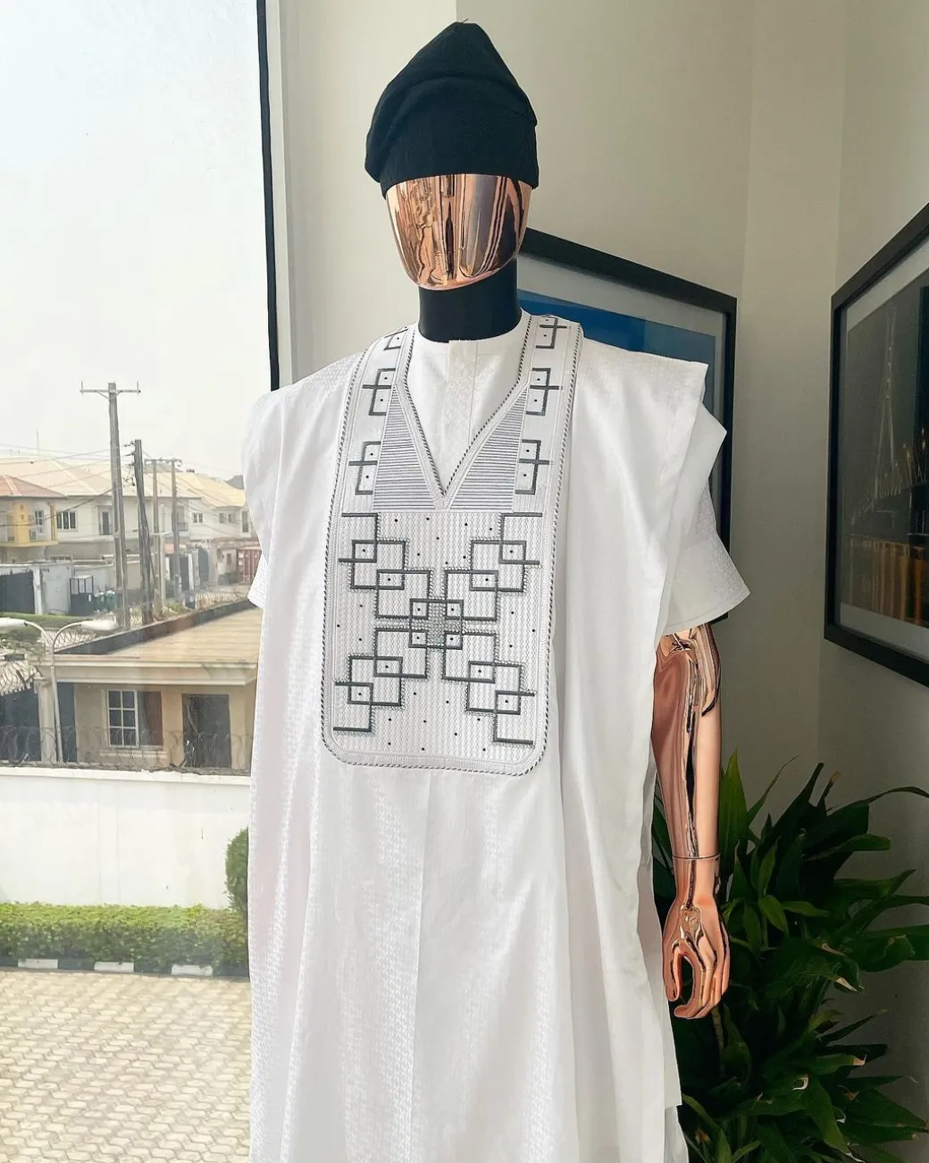 A White Precision Dropping Connected Square Embroidery Agbada