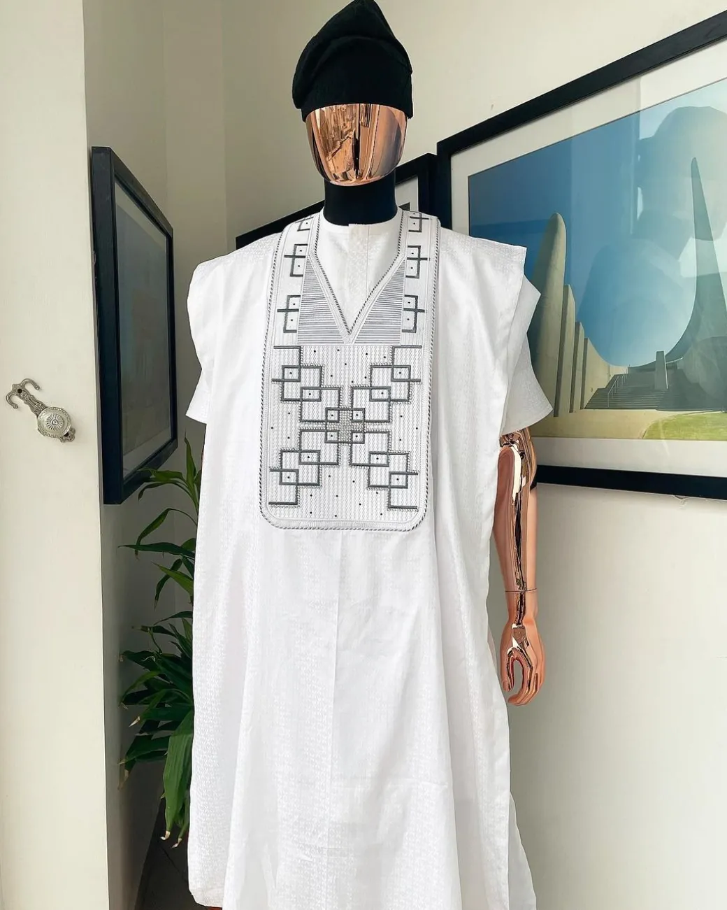 A White Precision Dropping Connected Square Embroidery Agbada