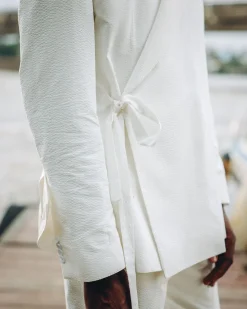 A White “Psydo” Oversized Seersucker Samurai Jacket