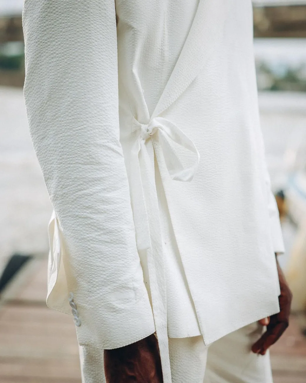 A White “Psydo” Oversized Seersucker Samurai Jacket