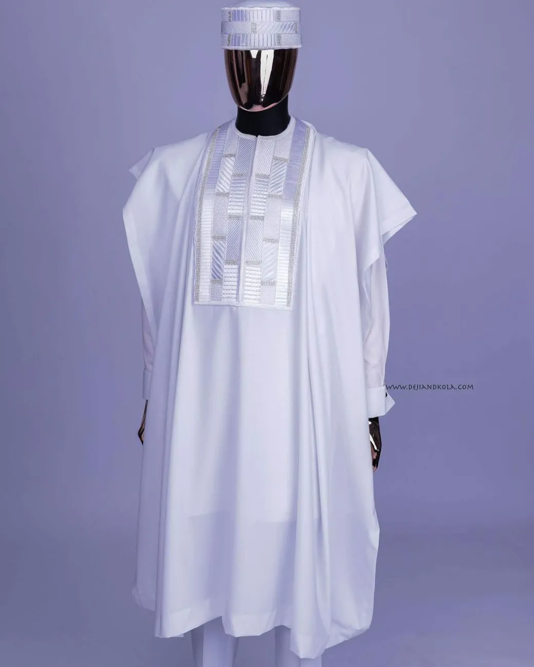 A White, Related Lines Embroidery, Silver Crystal Swarovski Stones Detailing agbada