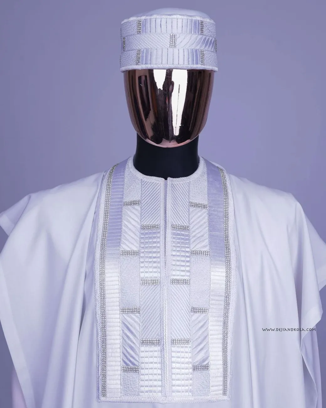 A White, Related Lines Embroidery, Silver Crystal Swarovski Stones Detailing agbada