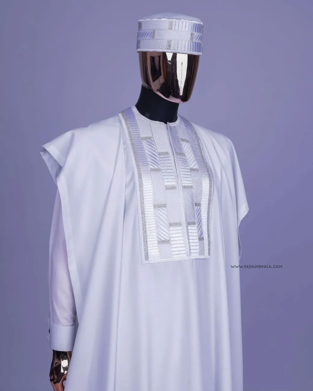 A White, Related Lines Embroidery, Silver Crystal Swarovski Stones Detailing agbada