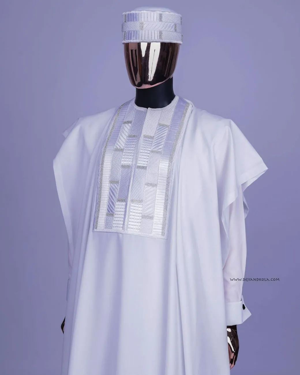 A White, Related Lines Embroidery, Silver Crystal Swarovski Stones Detailing agbada