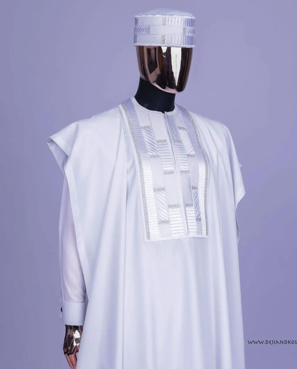 A White, Related Lines Embroidery, Silver Crystal Swarovski Stones Detailing agbada
