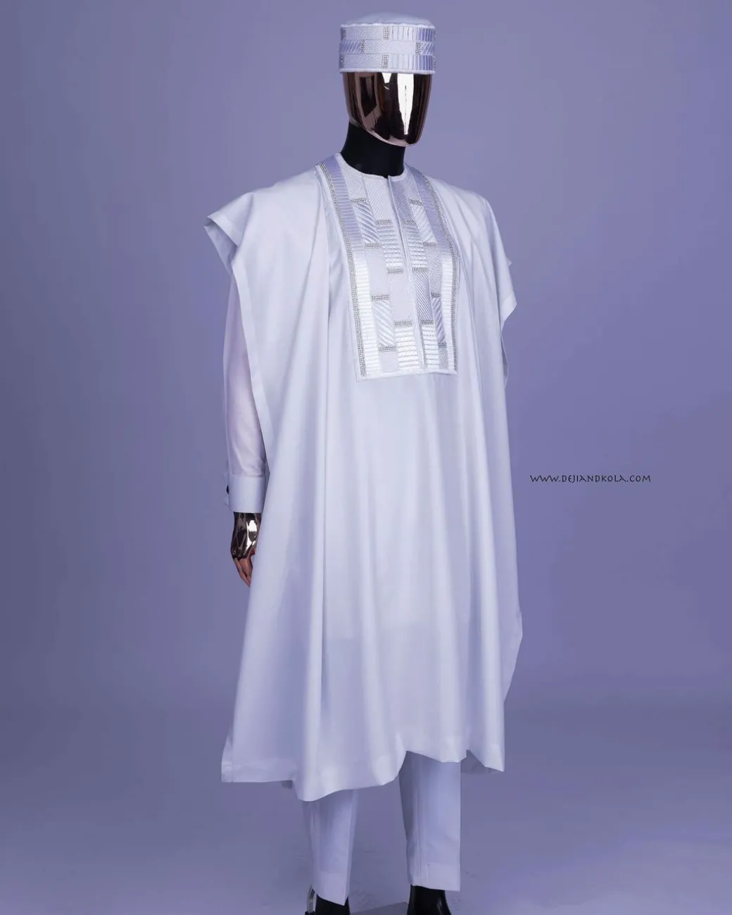 A White, Related Lines Embroidery, Silver Crystal Swarovski Stones Detailing agbada