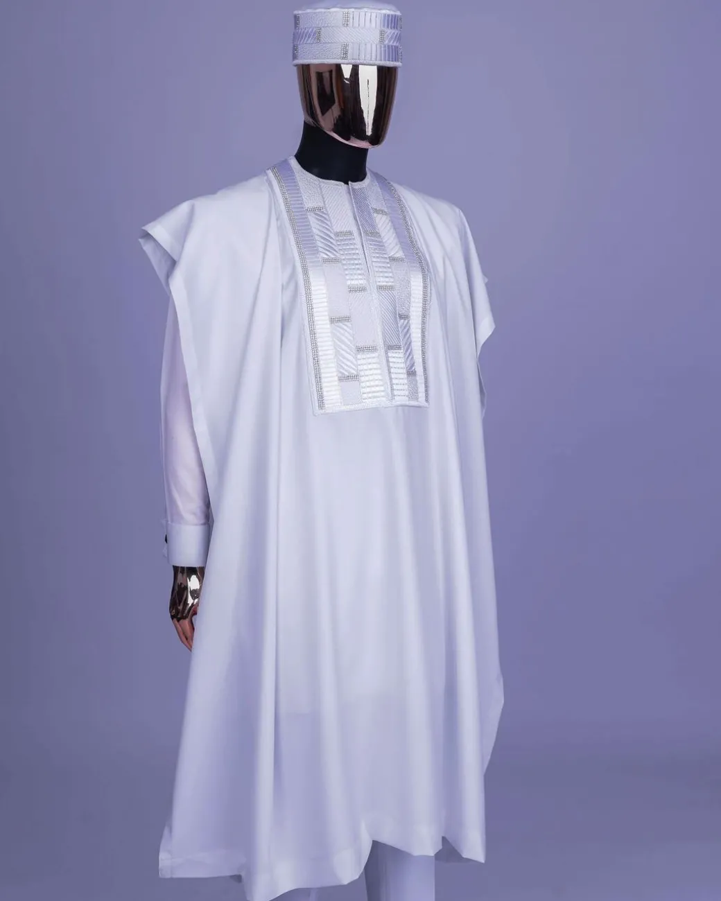 A White, Related Lines Embroidery, Silver Crystal Swarovski Stones Detailing agbada