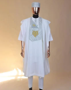 A White, roaring tiger metallic wire embroidery details Agbada