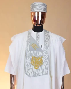 A White, roaring tiger metallic wire embroidery details Agbada
