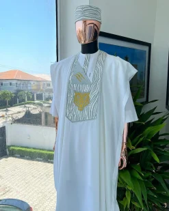A White, roaring tiger metallic wire embroidery details Agbada