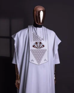 A White, scattered pointed zeros with keke Elemu embroidery details agbada