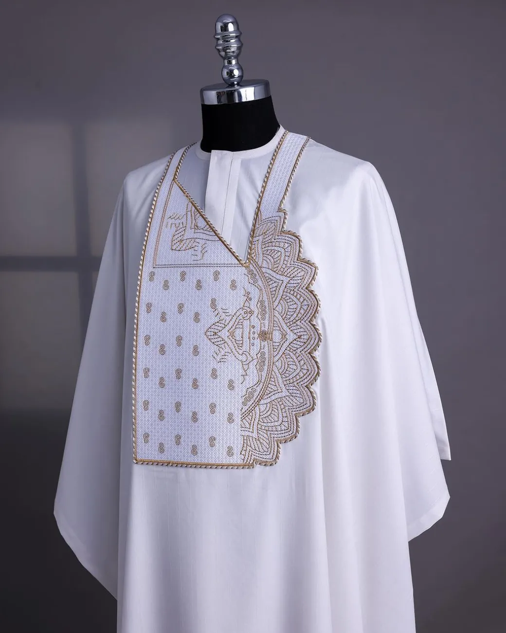 A White, Sided Pagoda Embroidery Details Agbada