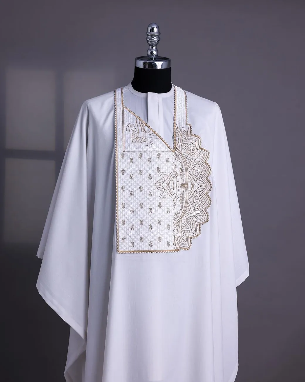 A White, Sided Pagoda Embroidery Details Agbada