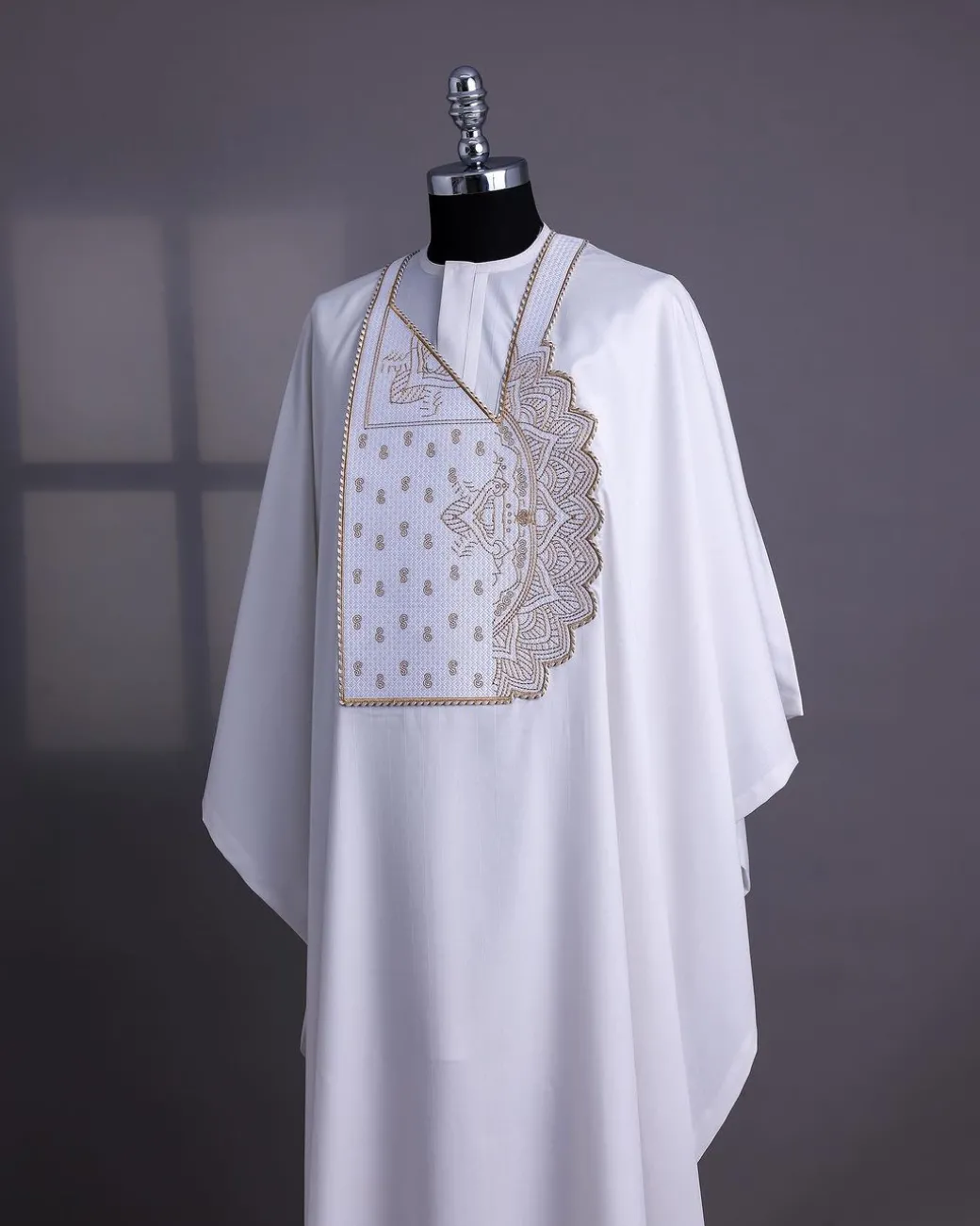 A White, Sided Pagoda Embroidery Details Agbada