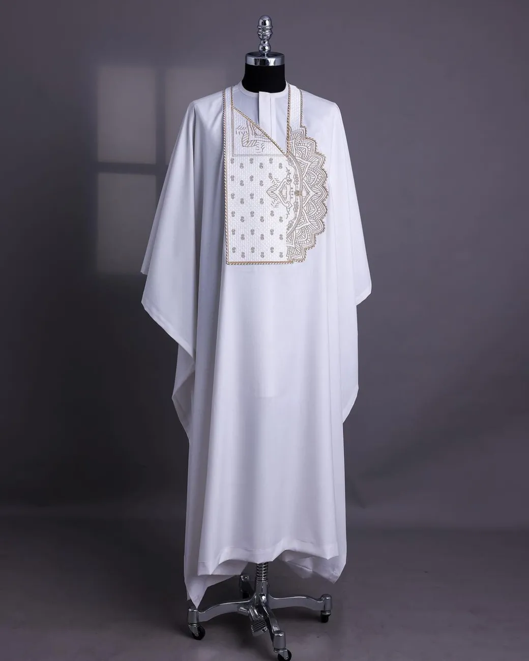 A White, Sided Pagoda Embroidery Details Agbada