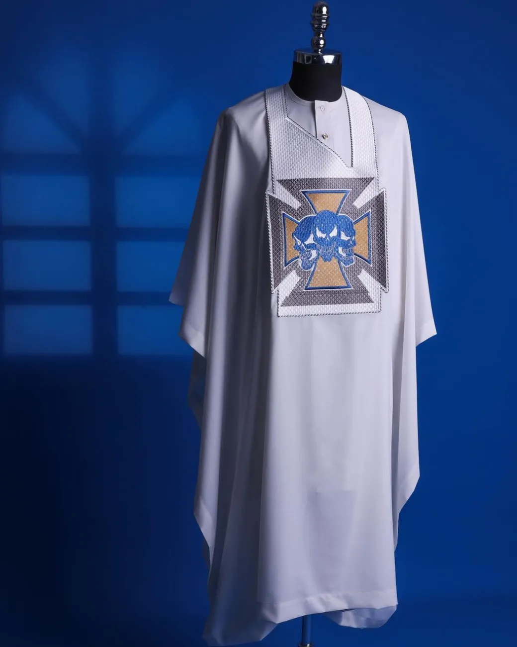 A White, “Skulls Bones” Embroidery Details Agbada