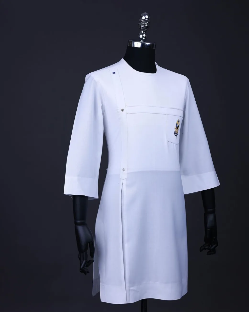 A White T shaped line with Swarovski buttons, leaf embroidery patch pocket, 3/4 sleeve African senator kaftan native.