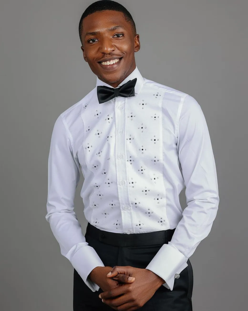 A White, Tuxedo Shirt With Dotted Front, Crystal & Black Swarovski Stone Detailing.