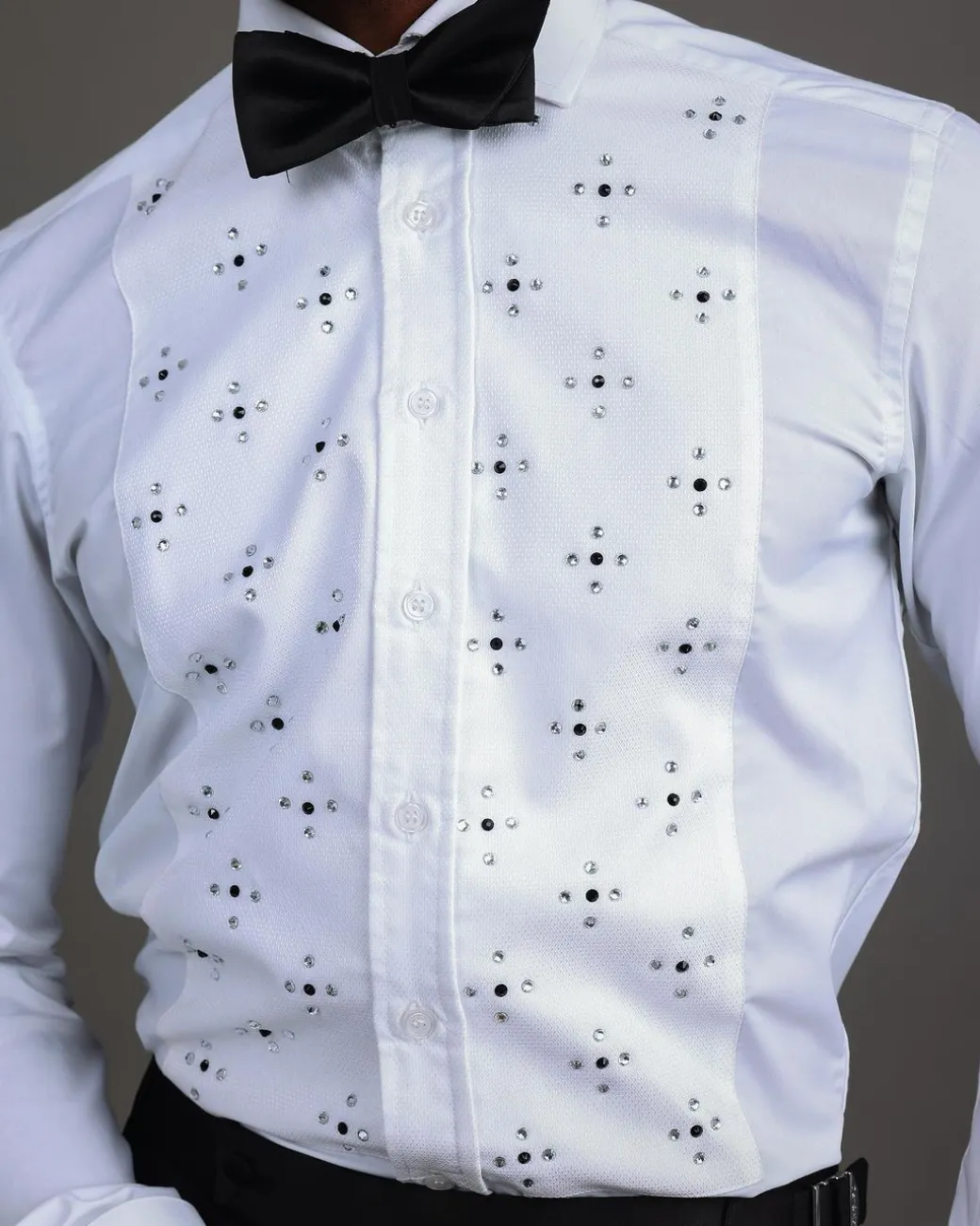 A White, Tuxedo Shirt With Dotted Front, Crystal & Black Swarovski Stone Detailing.