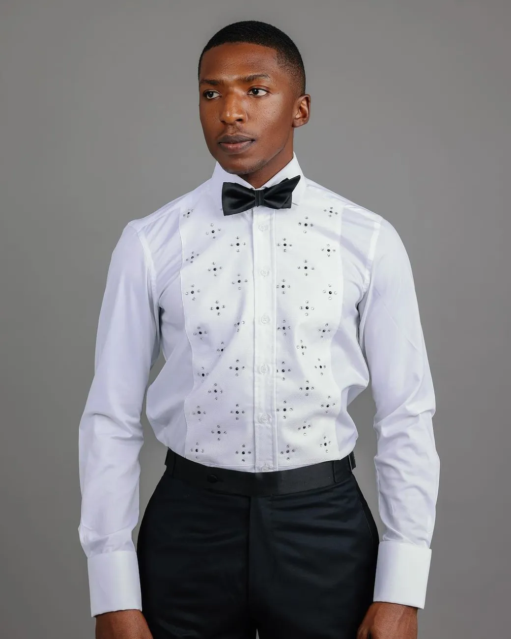 A White, Tuxedo Shirt With Dotted Front, Crystal & Black Swarovski Stone Detailing.