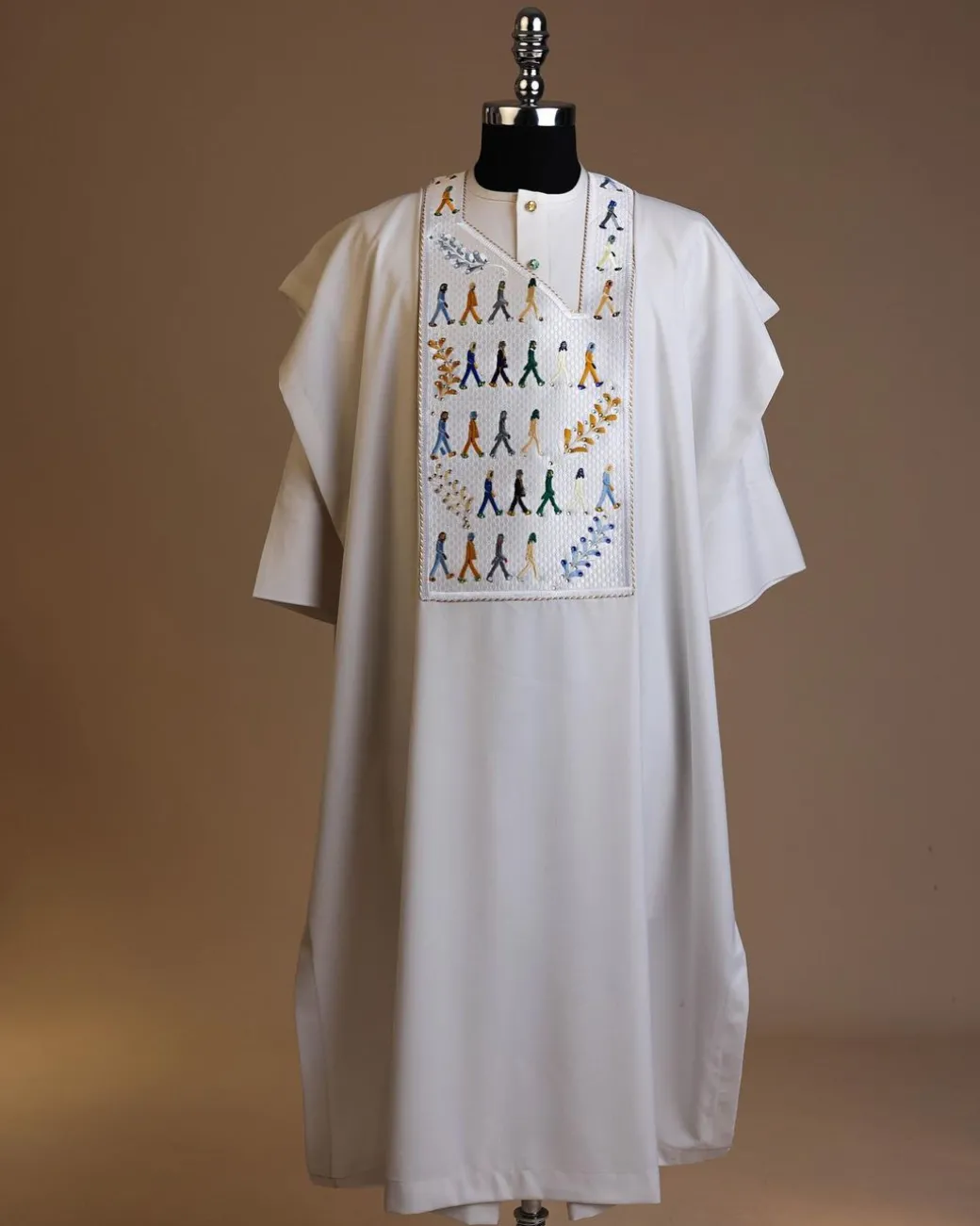 A White, walking “The Beatles” canvas wire embroidery design with ss30 and ss20 gold, Blue and grey Swarovski stone details agbada