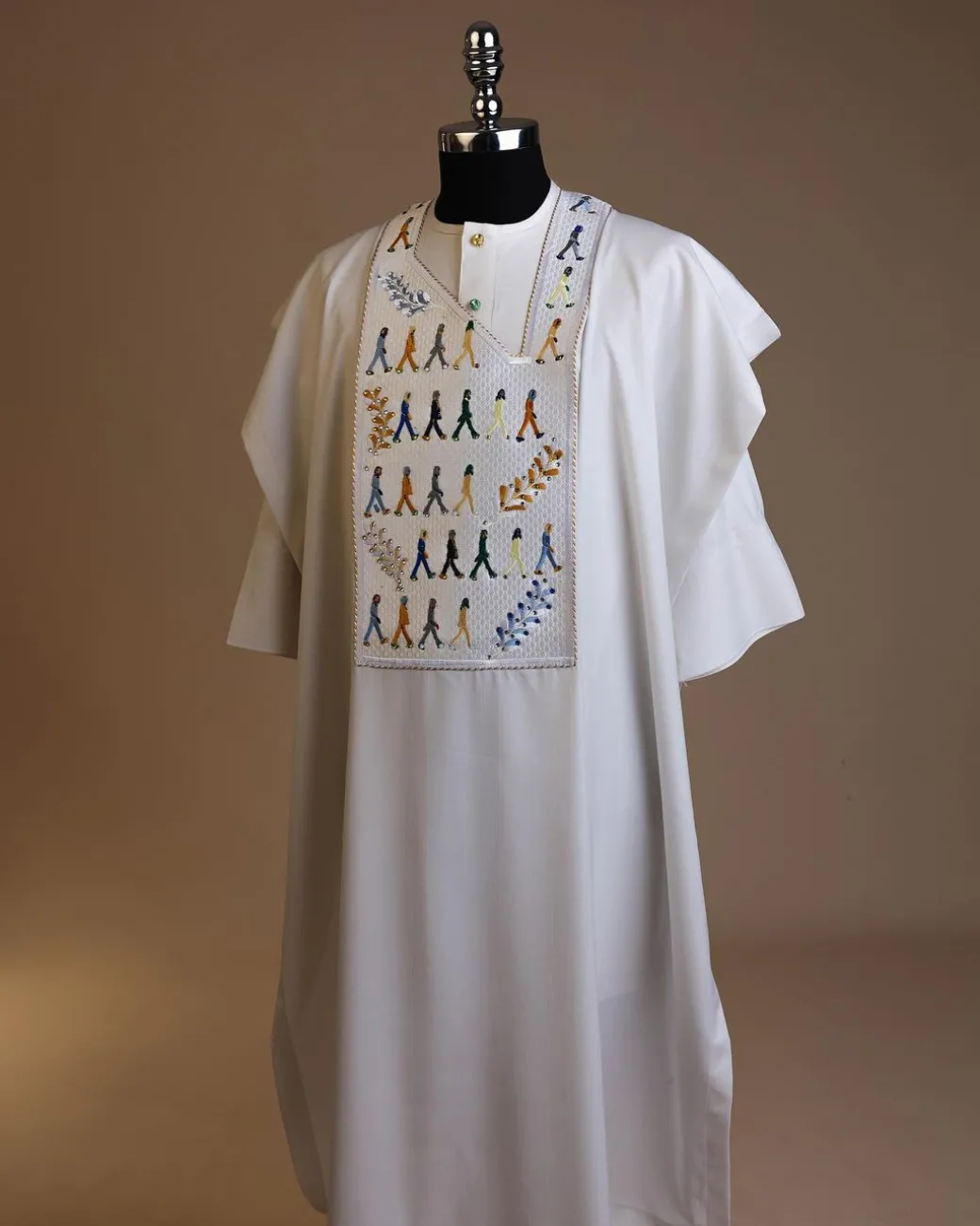 A White, walking “The Beatles” canvas wire embroidery design with ss30 and ss20 gold, Blue and grey Swarovski stone details agbada