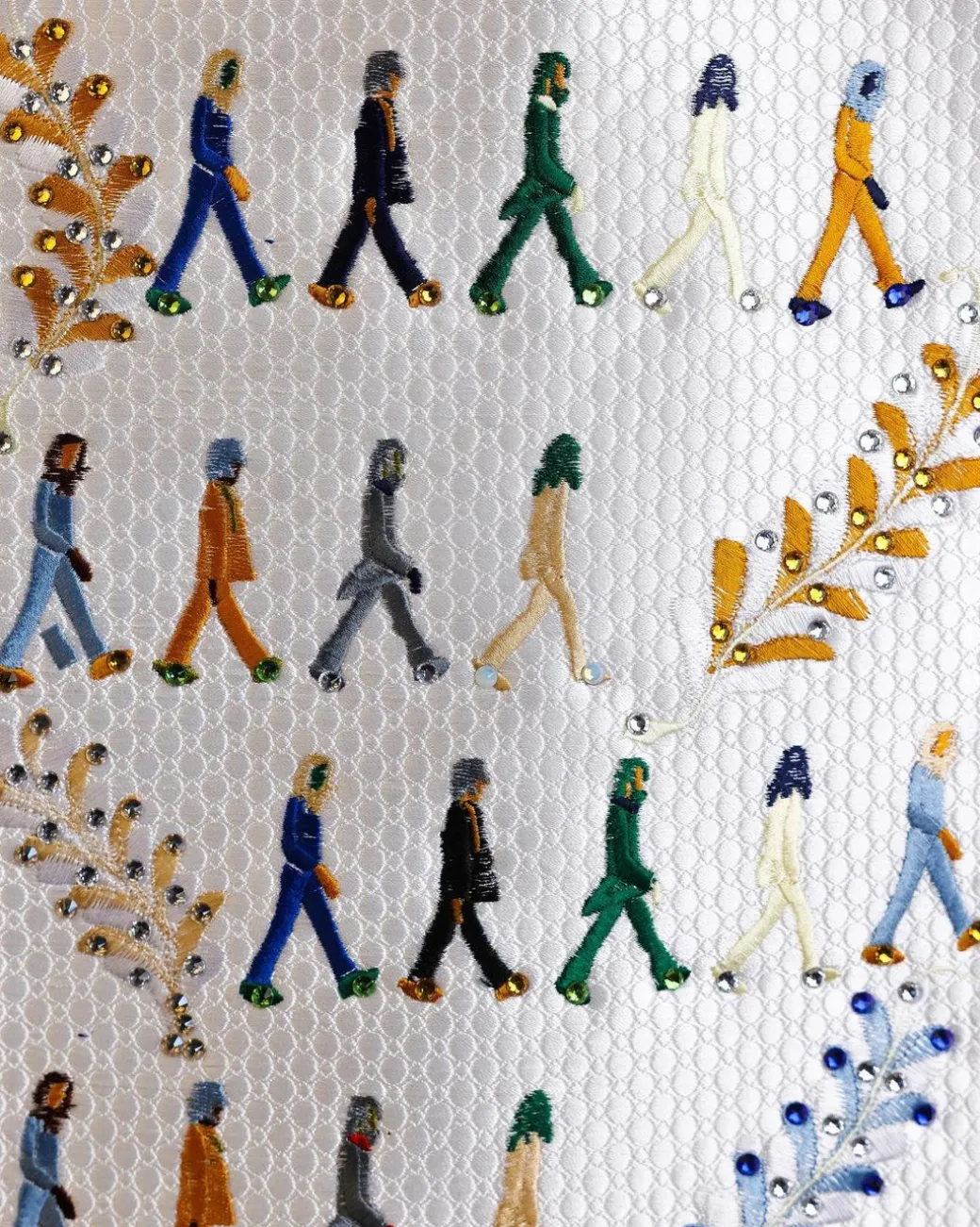 A White, walking “The Beatles” canvas wire embroidery design with ss30 and ss20 gold, Blue and grey Swarovski stone details agbada