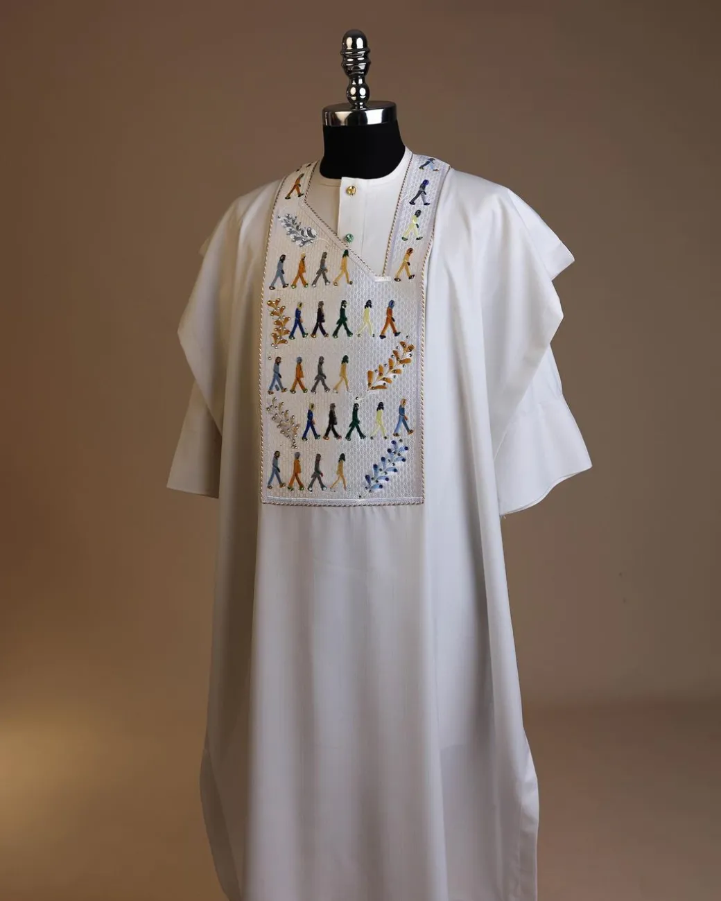 A White, walking “The Beatles” canvas wire embroidery design with ss30 and ss20 gold, Blue and grey Swarovski stone details agbada