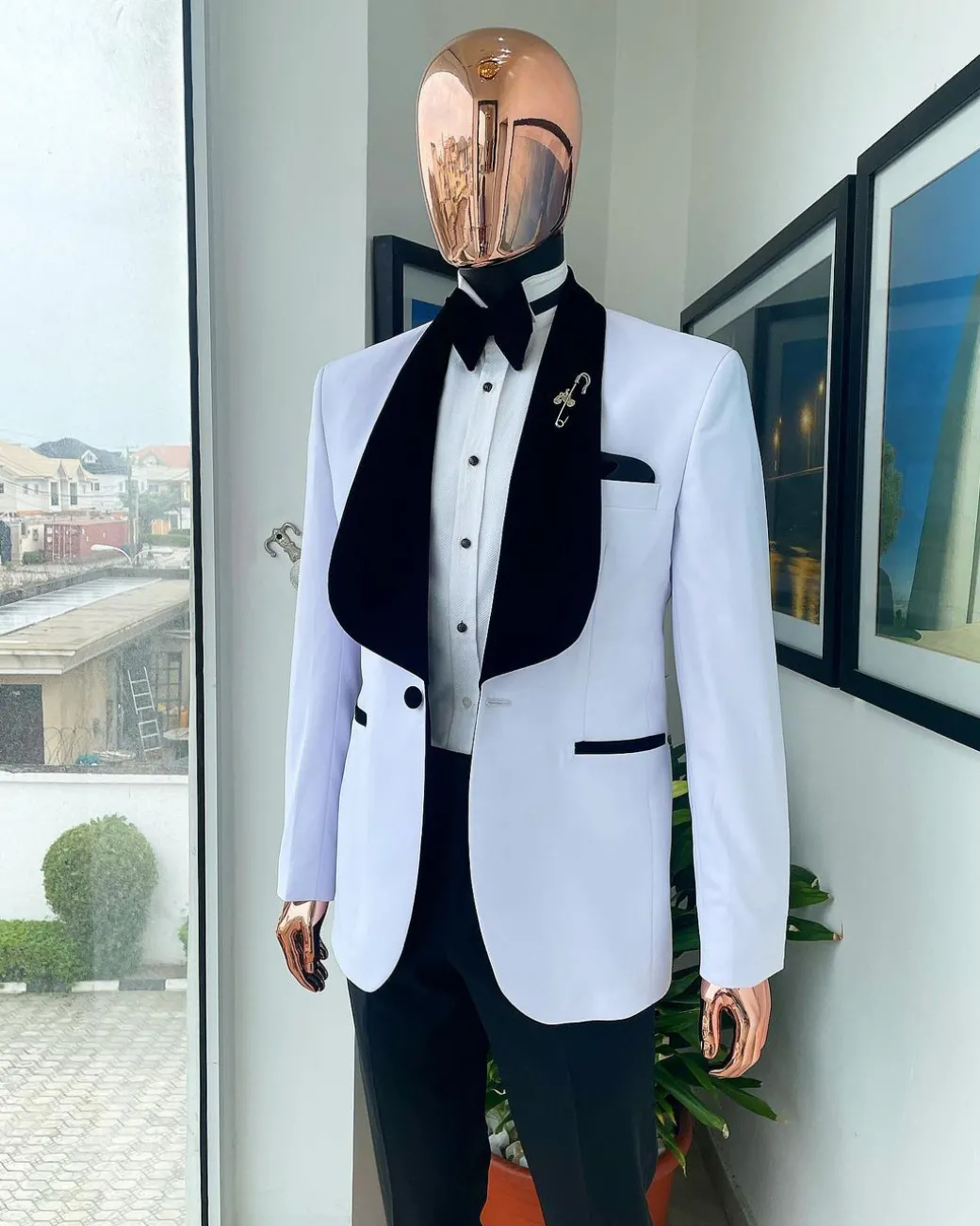 A White With Black Velvet Shawl Lapel Tuxedo Suit