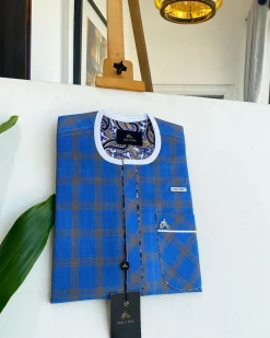 A window pane check, Front Flap, Curved Patch pocket details African traditional senator kaftan native.