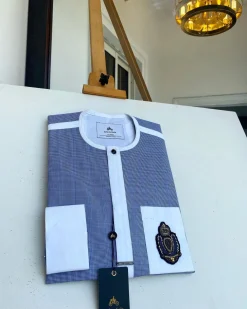 A Windowpane check blue and white mix front flap, hand embroidery patch Pocket African Kaftan