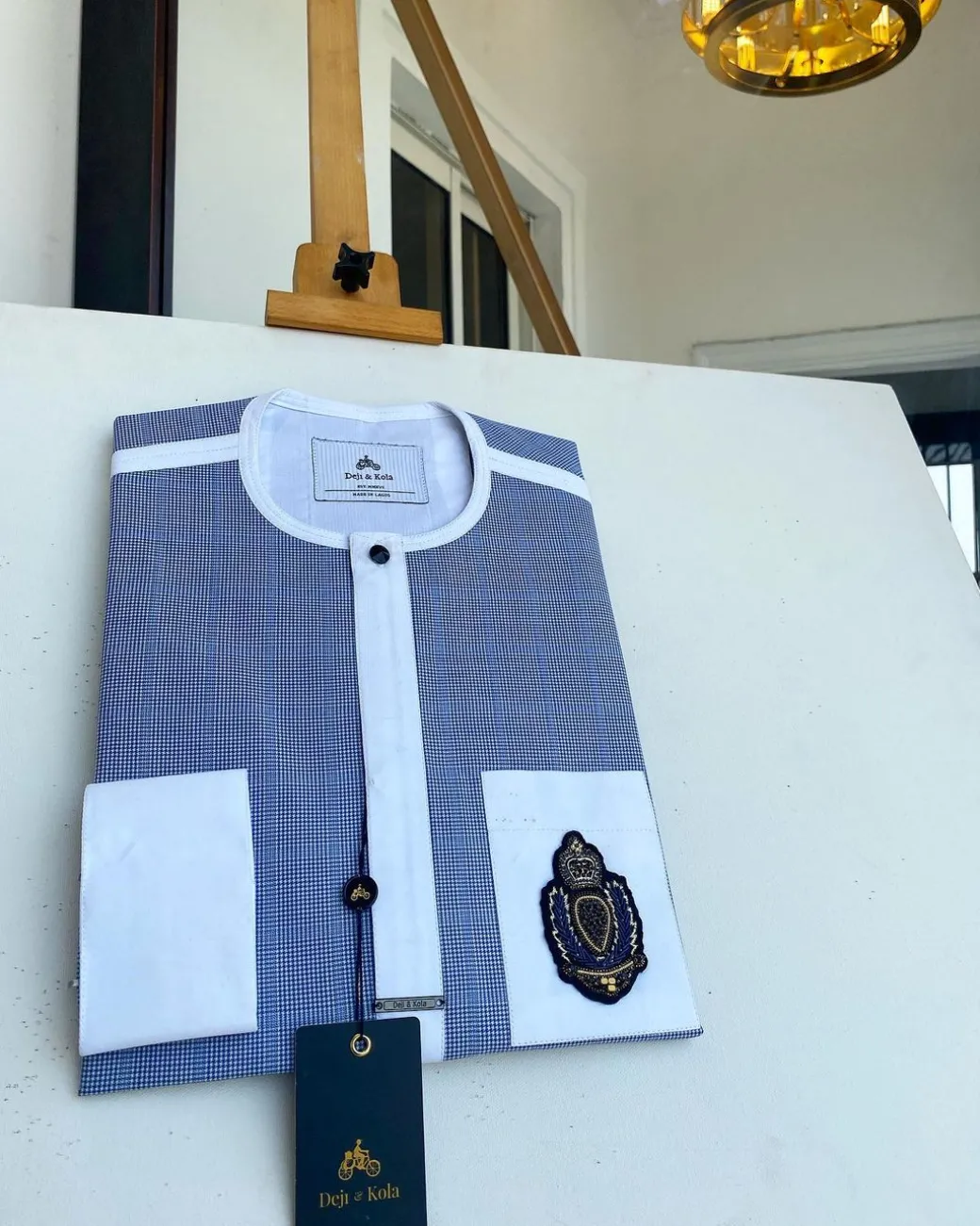 A Windowpane check blue and white mix front flap, hand embroidery patch Pocket African Kaftan