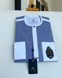 A Windowpane check blue and white mix front flap, hand embroidery patch Pocket African Kaftan