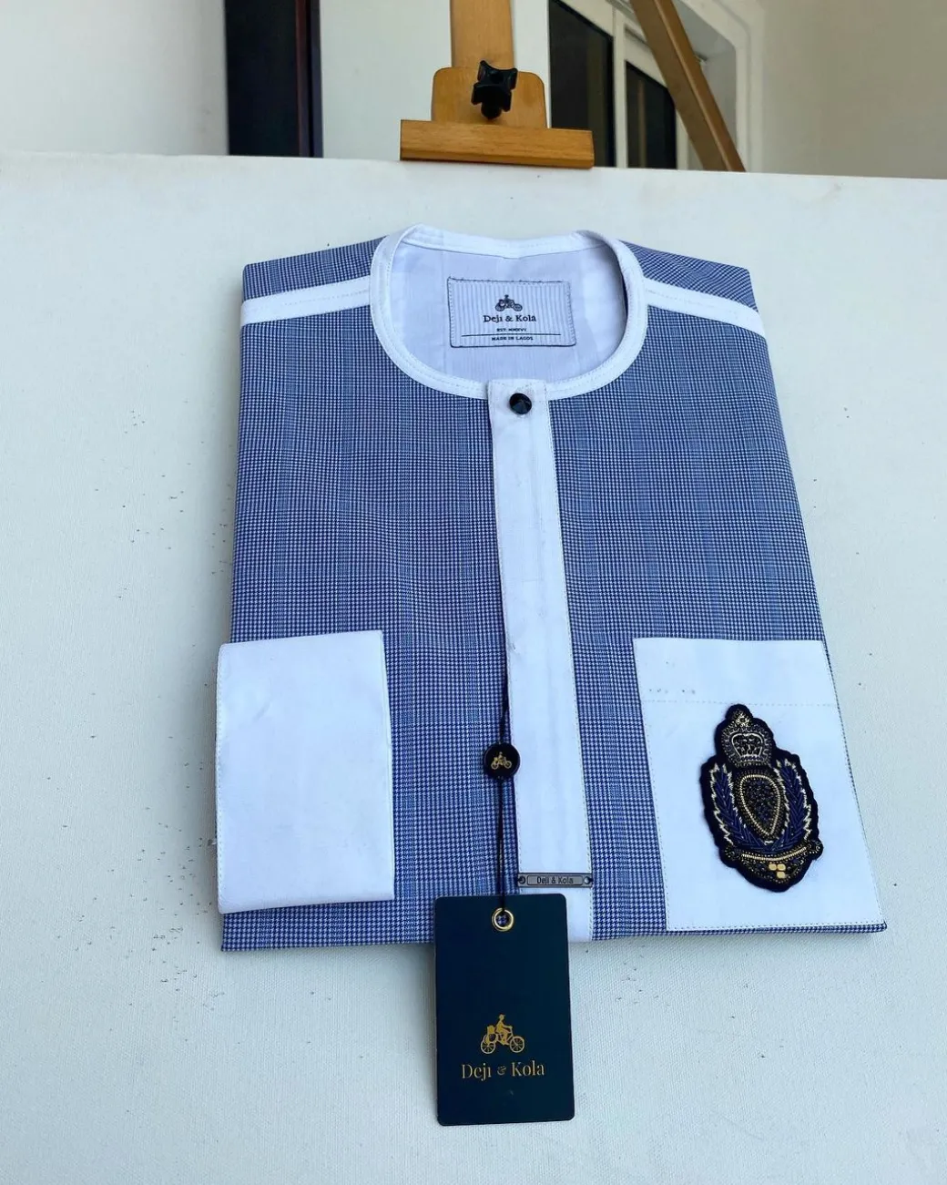 A Windowpane check blue and white mix front flap, hand embroidery patch Pocket African Kaftan