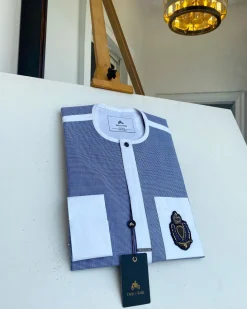 A Windowpane check blue and white mix front flap, hand embroidery patch Pocket African Kaftan
