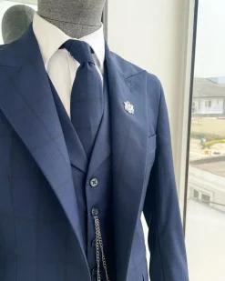 A Windowpane Check, Navy Blue – Nobility – “Board Room” Peak Lapel Suit