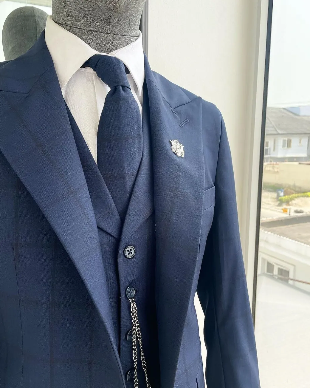 A Windowpane Check, Navy Blue – Nobility – “Board Room” Peak Lapel Suit