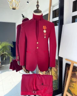 A Wine reloaded “7th Battalion” tuxedo Suit with gold adornment