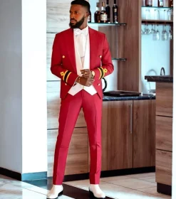 A Wine Short Marine Gold Buttons tuxedo Suit