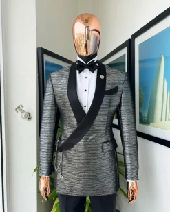 A wire metallic silver and black jacquard, lower cut, wrap shawl lapel tuxedo suit