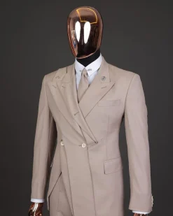 A “Yohji”, 2 buttons, Irish cream, deconstructed 3-layered knitted peak lapel suit