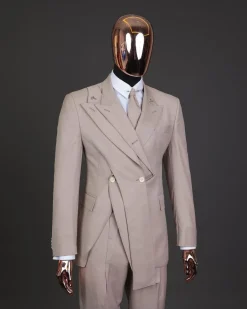 A “Yohji”, 2 buttons, Irish cream, deconstructed 3-layered knitted peak lapel suit
