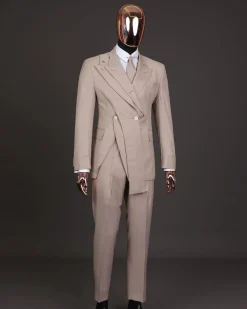 A “Yohji”, 2 buttons, Irish cream, deconstructed 3-layered knitted peak lapel suit