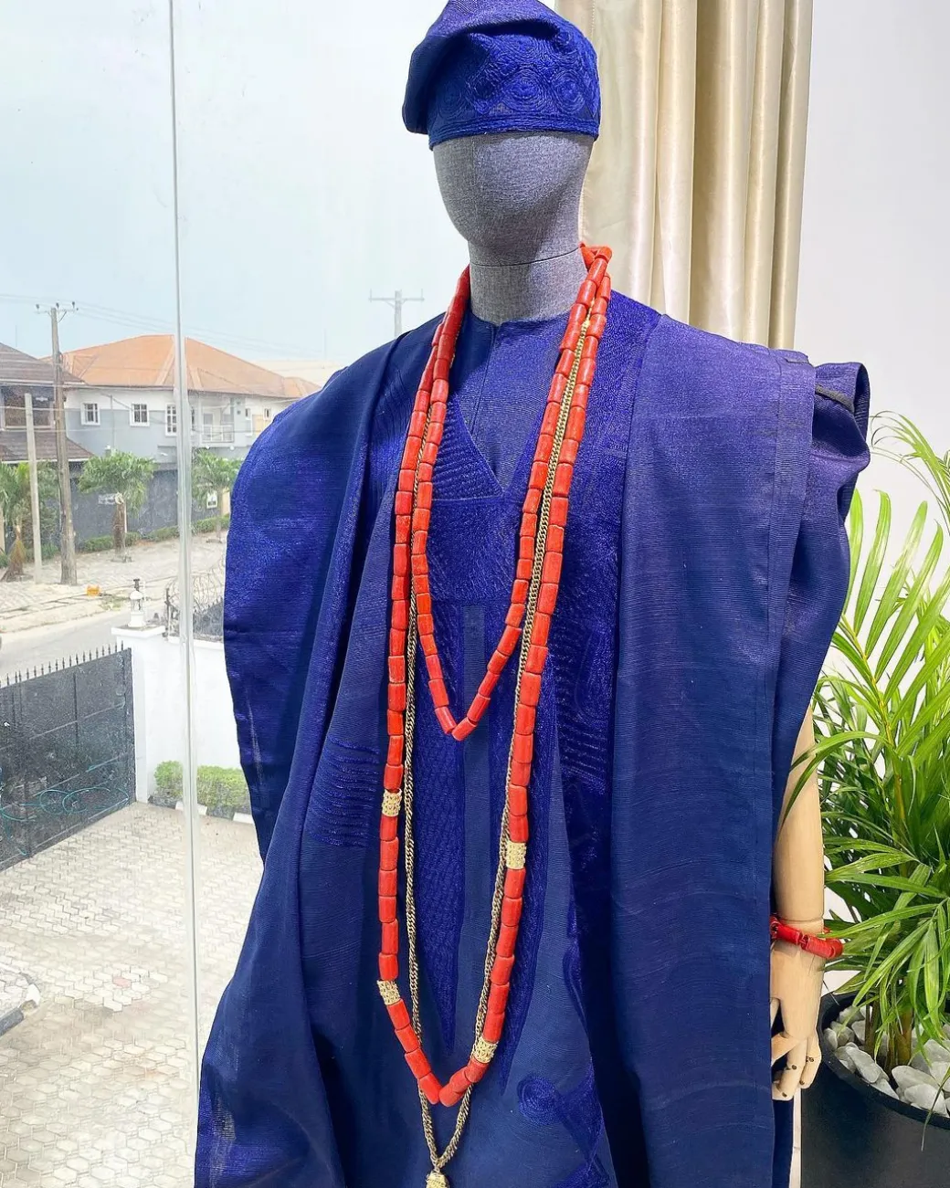A Yoruba navy blue aso-oke Wedding Traditional Agbada