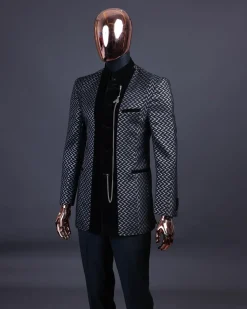 A “Zig Zag” Charcoal Black and Silver, Layered Inverted Pattern Safari Suit