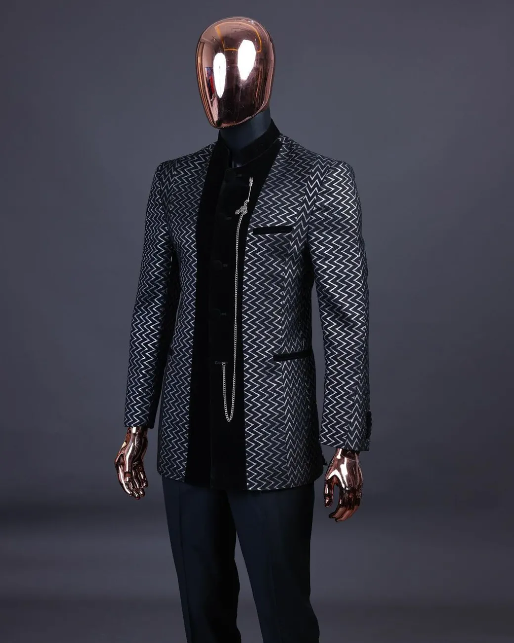 A “Zig Zag” Charcoal Black and Silver, Layered Inverted Pattern Safari Suit