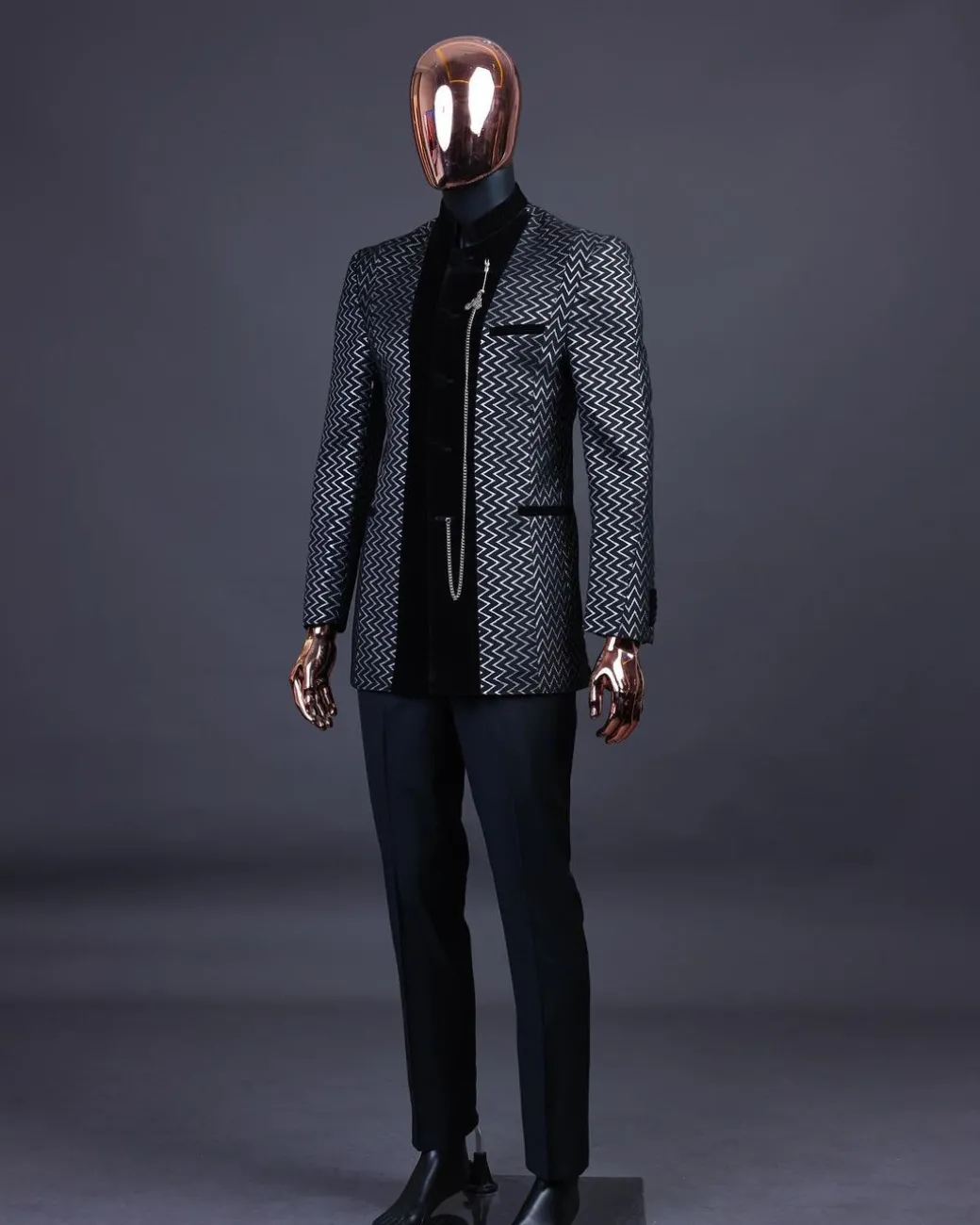 A “Zig Zag” Charcoal Black and Silver, Layered Inverted Pattern Safari Suit