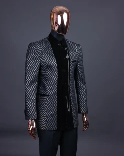 A “Zig Zag” Charcoal Black and Silver, Layered Inverted Pattern Safari Suit