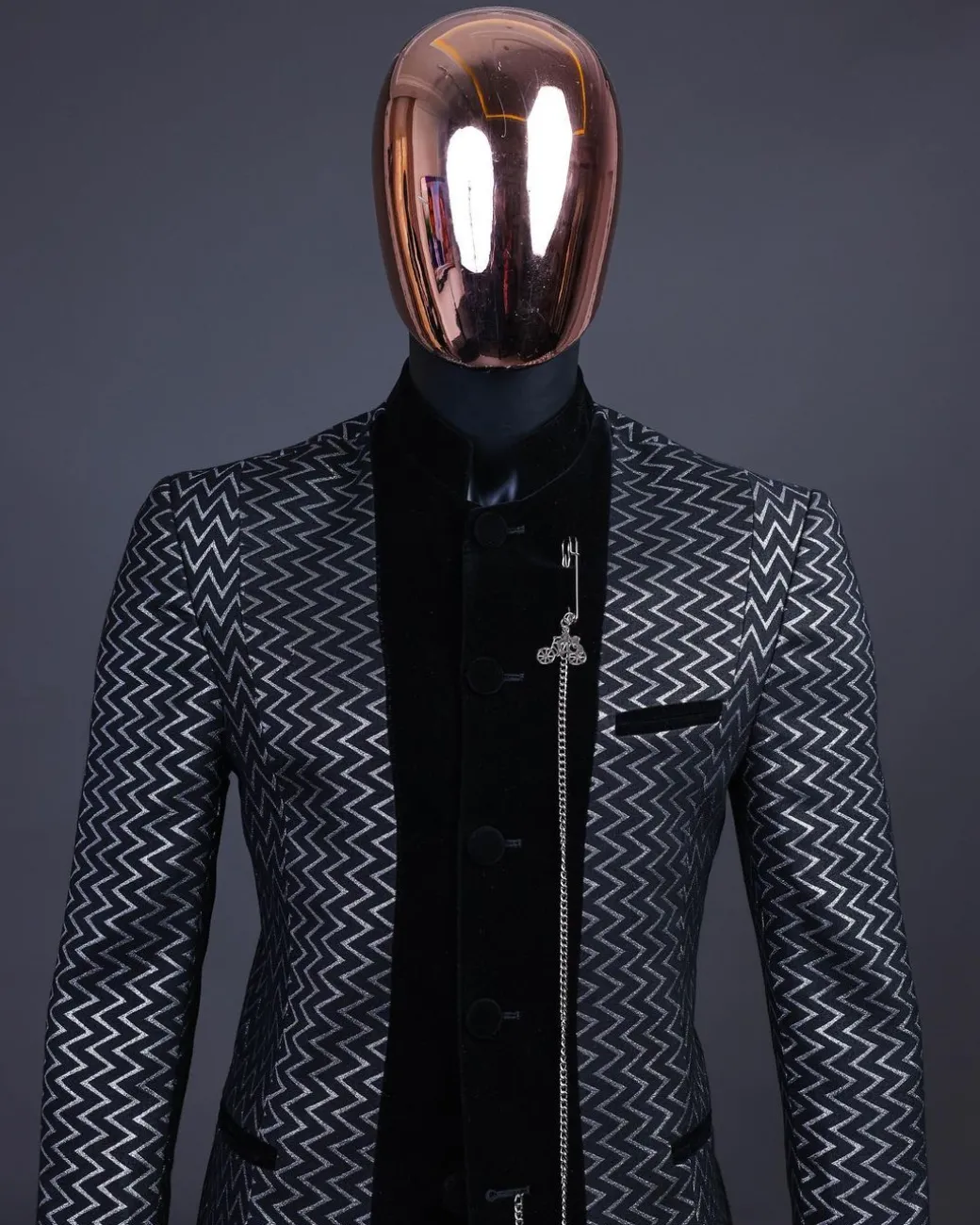 A “Zig Zag” Charcoal Black and Silver, Layered Inverted Pattern Safari Suit